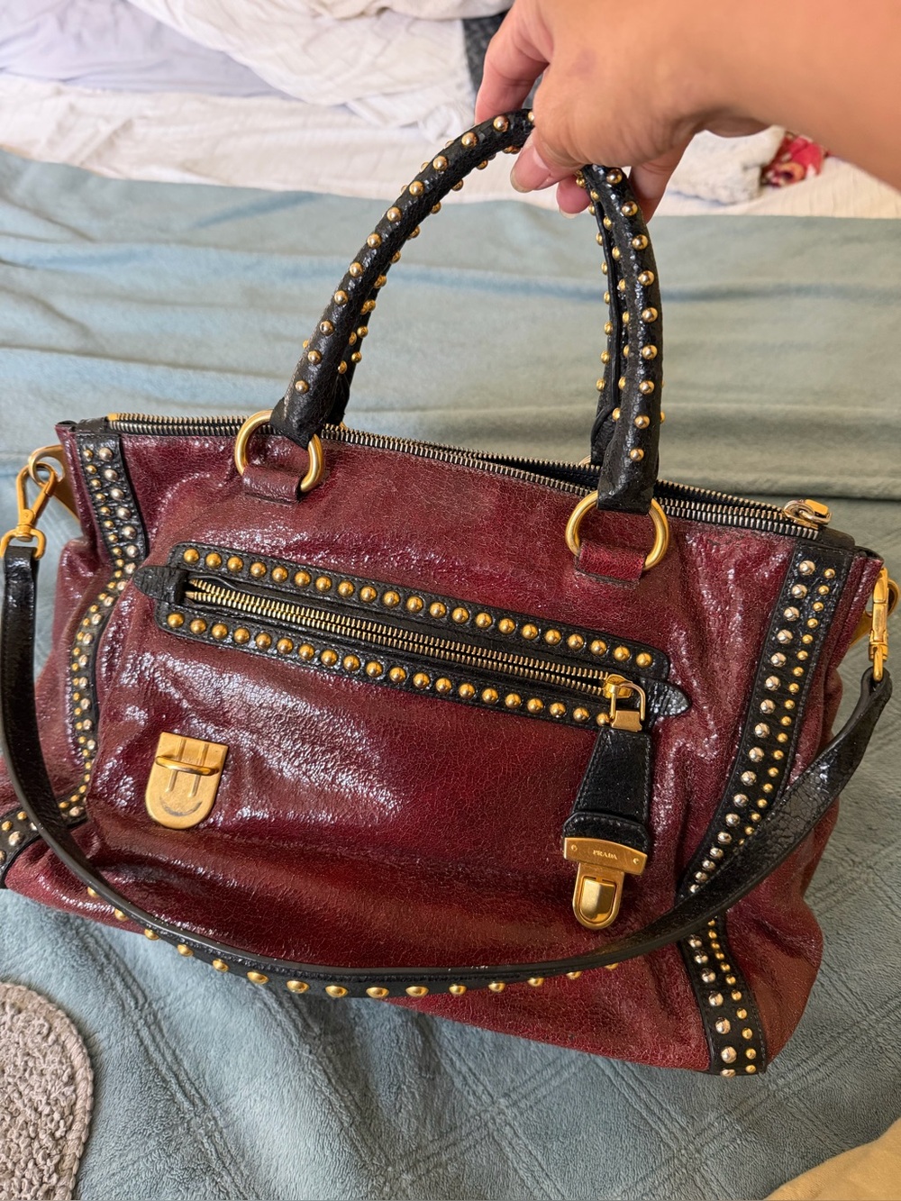 Prada Burgundy and Black Studded Leather Satchel in Distress leather